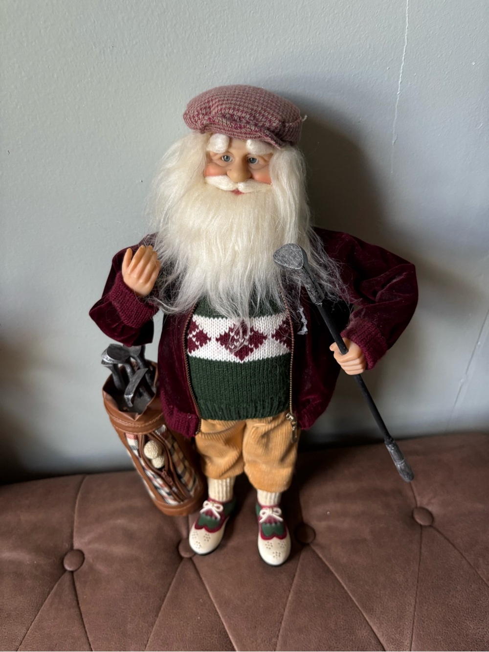 Golf Santa Figurine in Burgundy Jacket and Green Sweater